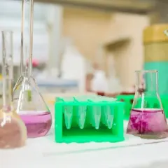 Kolby i probówki z kolorowymi płynami w laboratorium.
