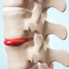 Model kręgosłupa z widoczną czerwoną, wypukłą strukturą, która symbolizuje przepuklinę kręgosłupa.
