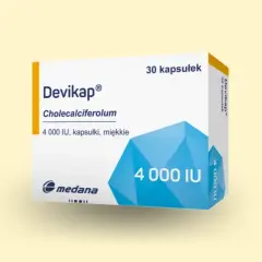 Opakowanie leku Devikap, zawierające 30 kapsułek miękkich z cholekalcyferolem 4000 IU.