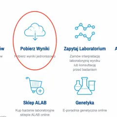Ikona chmury z ikoną pobierania, otoczona czerwoną obwódką, z tekstem "Pobierz Wyniki".