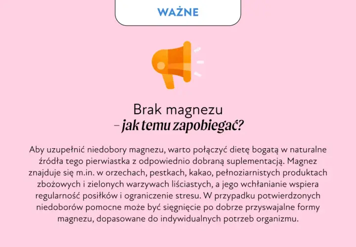 Brak magnezu objawy i jak mu zapobiegać. Tekst radzi, by uzupełniać niedobory magnezu dietą bogatą w orzechy, kakao i zielone warzywa.