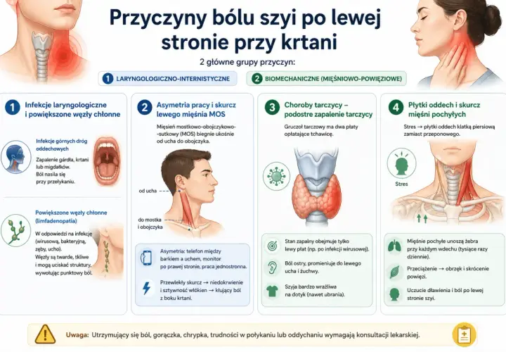 Ból szyi po lewej stronie przy krtani może być spowodowany infekcjami, asymetrią mięśni, chorobami tarczycy lub problemami z mięśniami pochyłymi.
