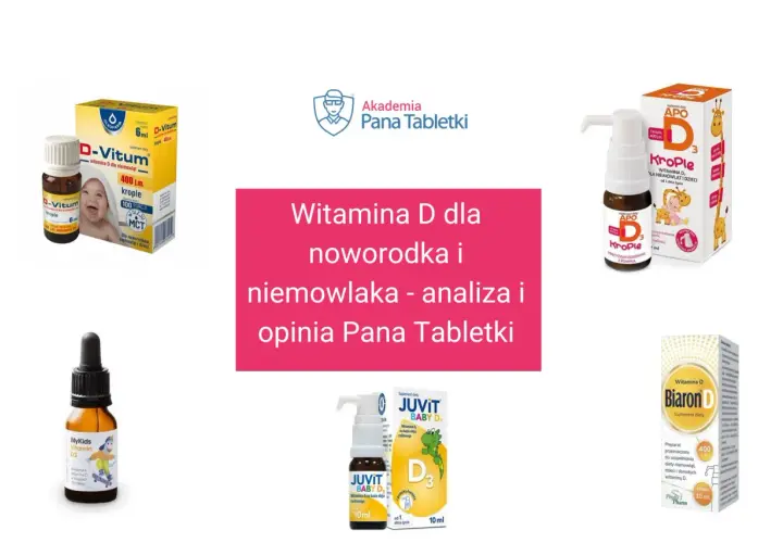 Różne preparaty z witaminą D w kroplach dla niemowląt: D-Vitum, APO Krople, MyKids Vitamin D3, JUVIT BABY D3, Biaron D.