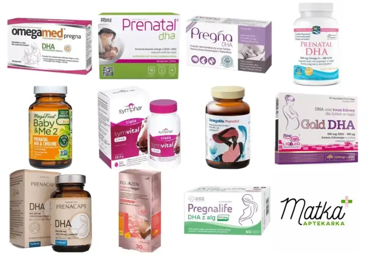 Suplementy diety z DHA dla kobiet w ciąży: Pregna DHA, Gold DHA, Prenatal DHA, Symvital DHA, Omegamed pregna, Baby & Me 2, Prenacaps DHA, Equazen mumomega, Pregnalife DHA z alg.