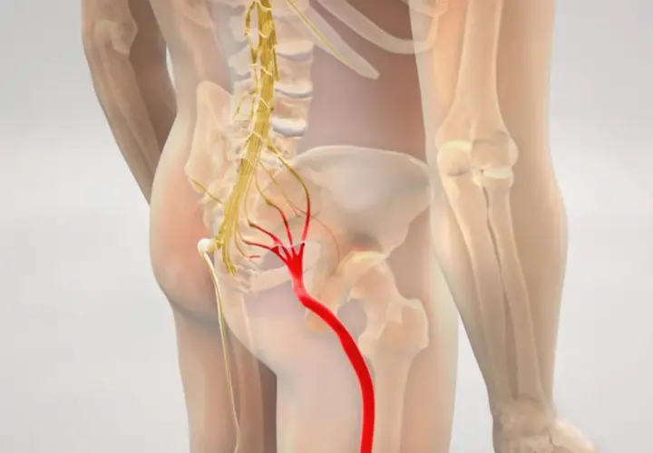 Anatomical illustration showing the sciatic nerve highlighted in red, originating from the lower spine and extending down the leg.
