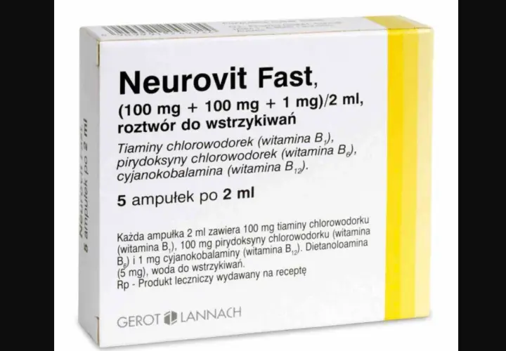 Opakowanie leku Neurovit Fast, zawierające 5 ampułek po 2 ml, z dawkami 100 mg + 100 mg + 1 mg.