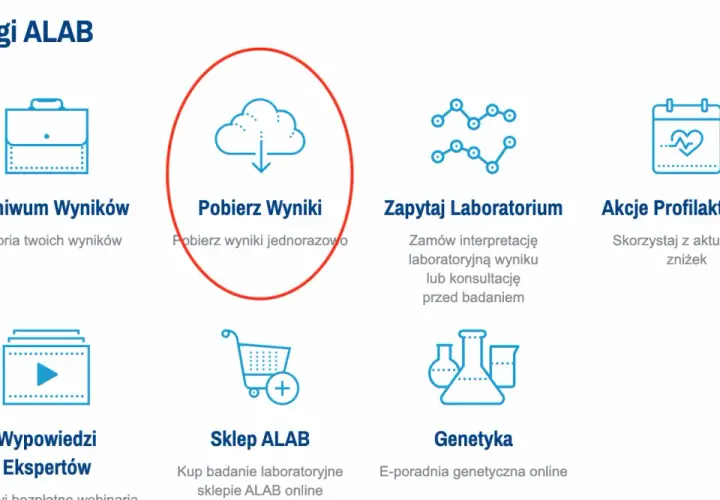 Ikona chmury z ikoną pobierania, otoczona czerwoną obwódką, z tekstem "Pobierz Wyniki".