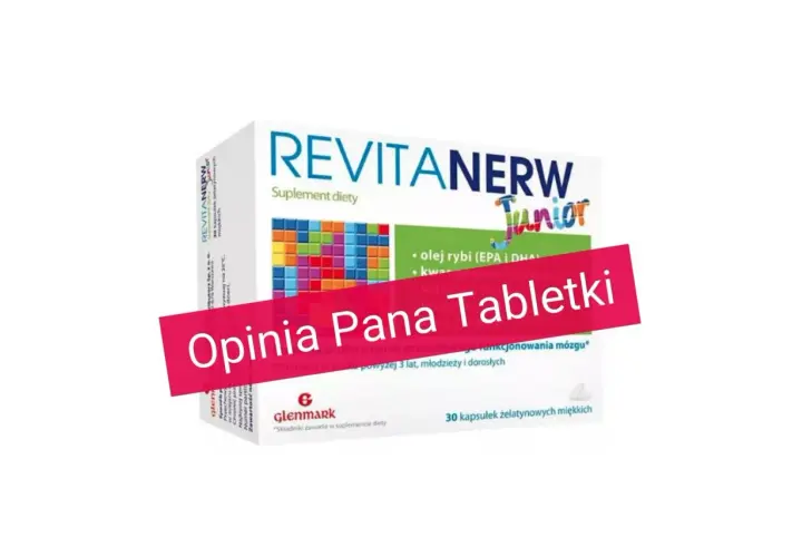 Opakowanie suplementu diety Revitanerw Junior z hasłem "Opinia Pana Tabletki". Zawiera olej rybi i witaminy.