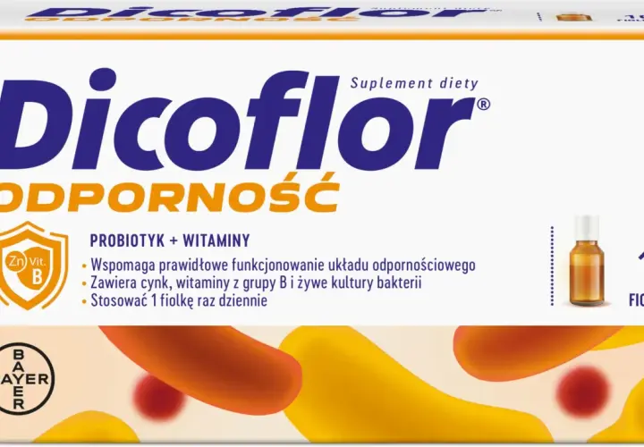 Opakowanie Dicoflor Odporność, suplement diety z probiotykiem i witaminami, zawiera 10 fiolek.
