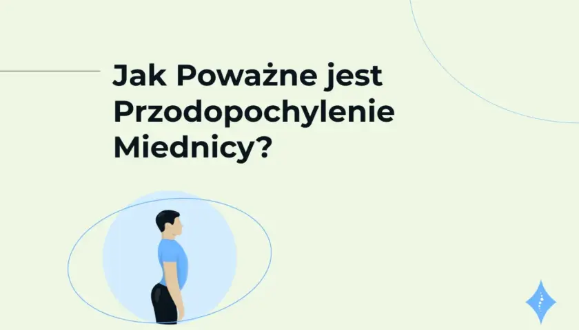 Ilustracja przedstawia sylwetkę mężczyzny z widocznym przodopochyleniem miednicy. Tekst pyta: "Jak Poważne jest Przodopochylenie Miednicy?".