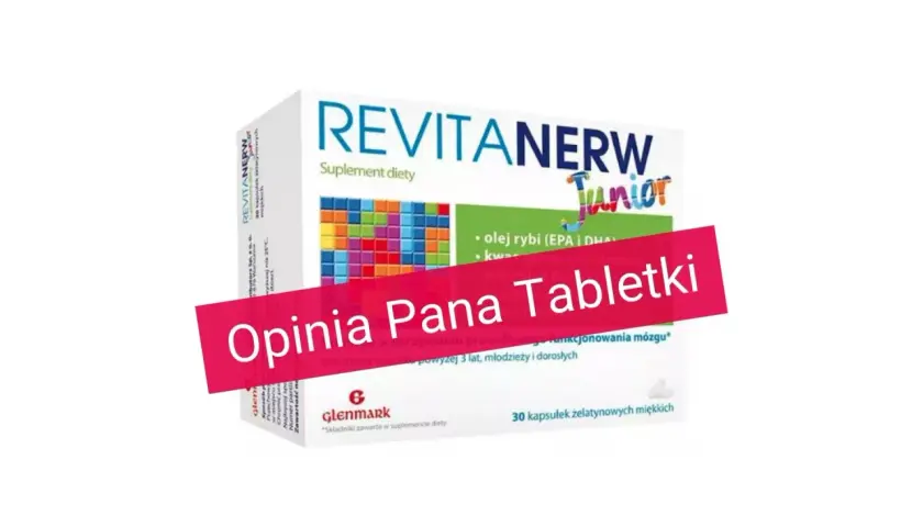 Opakowanie suplementu diety Revitanerw Junior z hasłem "Opinia Pana Tabletki". Zawiera olej rybi i witaminy.
