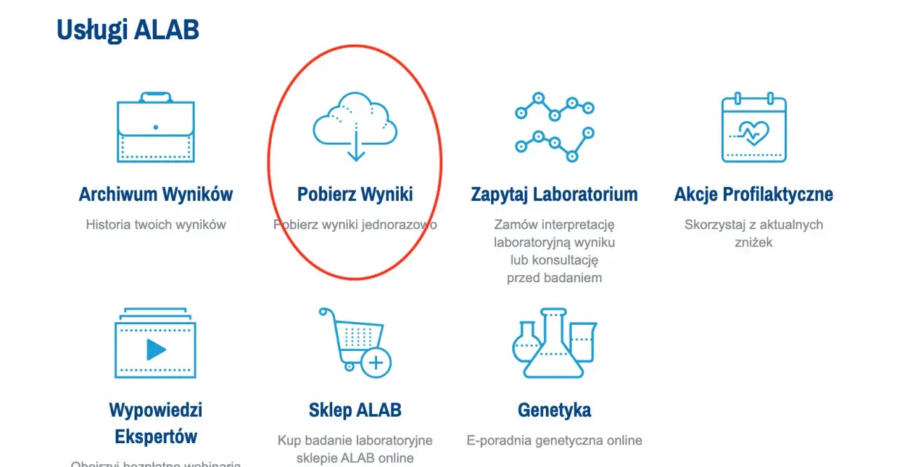 Ikona chmury z ikoną pobierania, otoczona czerwoną obwódką, z tekstem "Pobierz Wyniki".