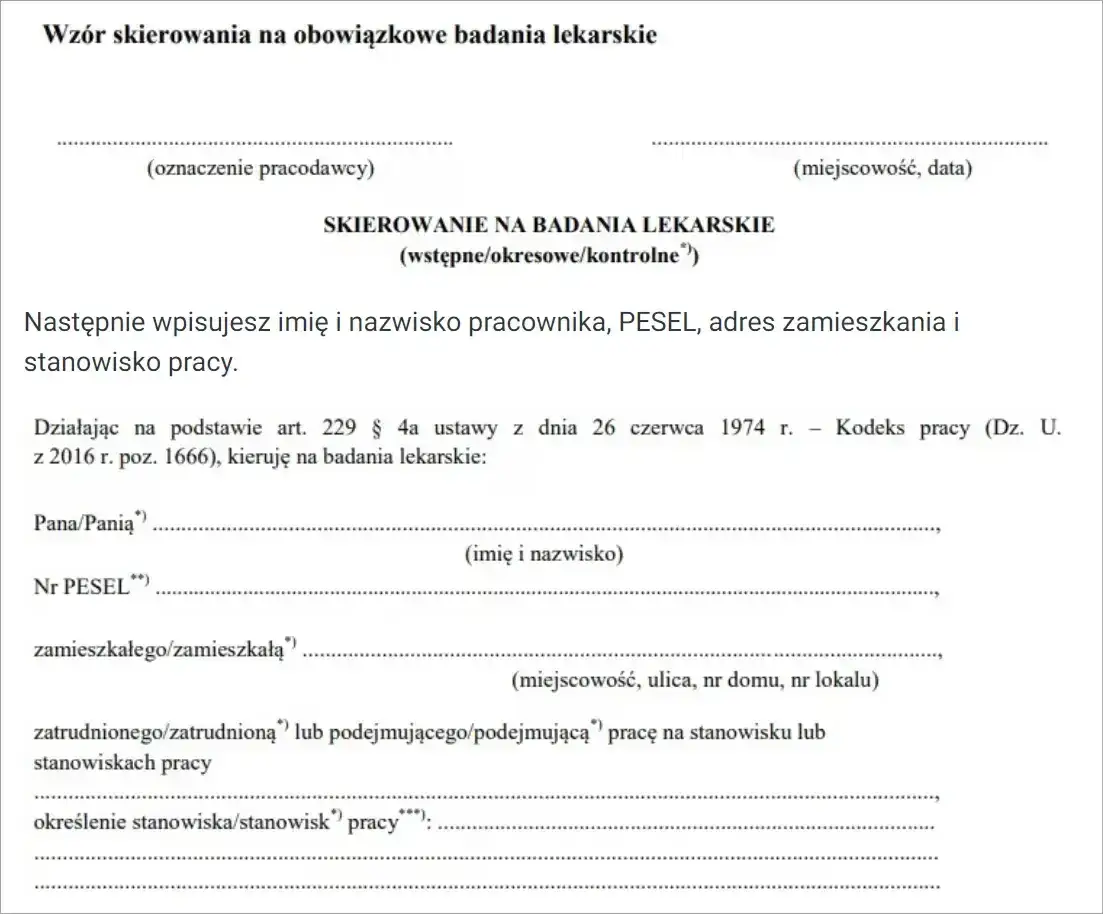 skierowanie na badania lekarskie wz&oacute;r